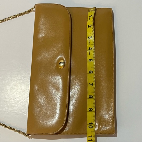 Vintage Italian Leather Double Flap Clutch Bag Caramel Brown Gold Chain 90s Luxe - Picture 11 of 12